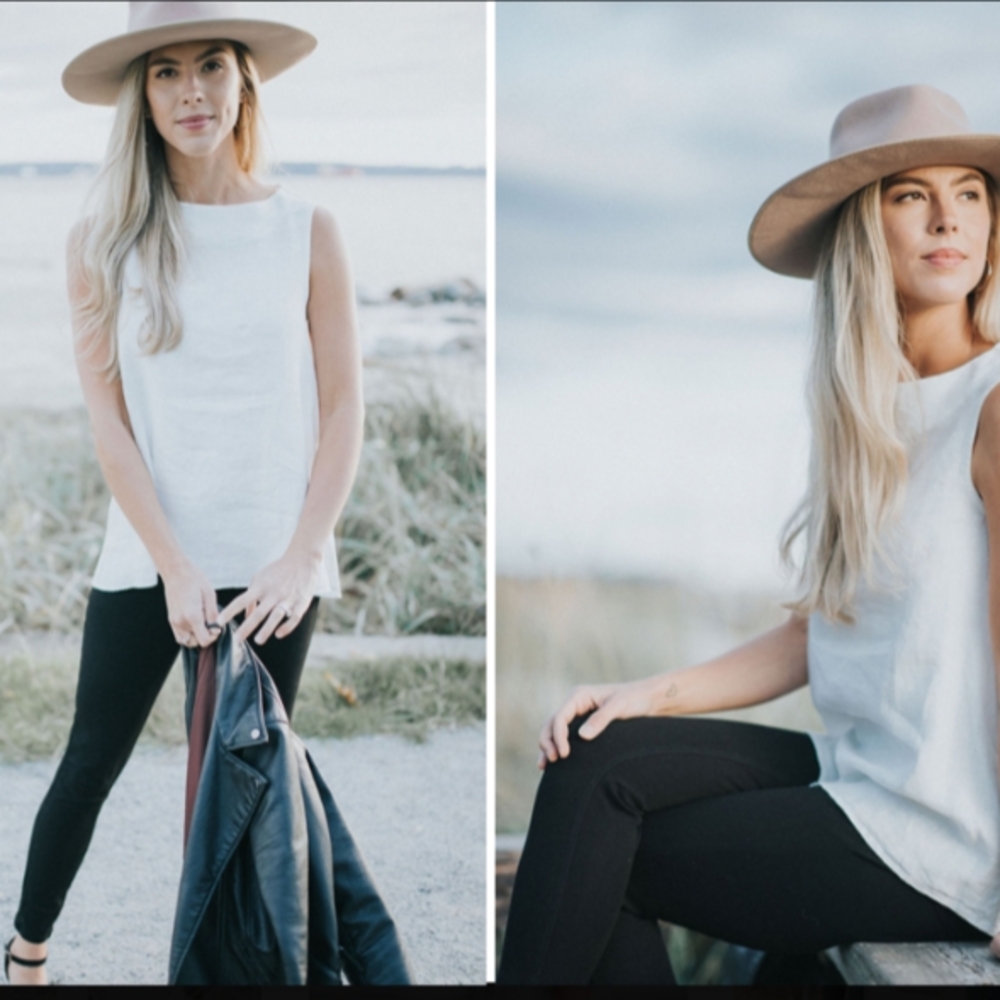 Linen Farm White Sleeveless Coastal Boho Boatneck Linen Blouse